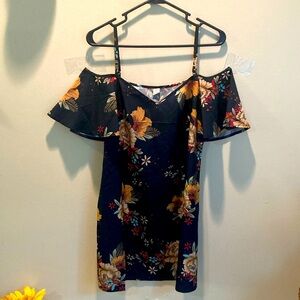 Cold shoulder, navy blue with flowers sundress.
